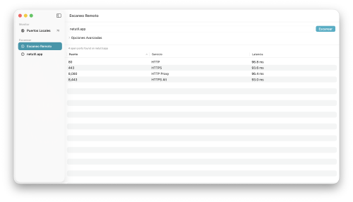 Resultados del escáner de puertos remotos de Portie